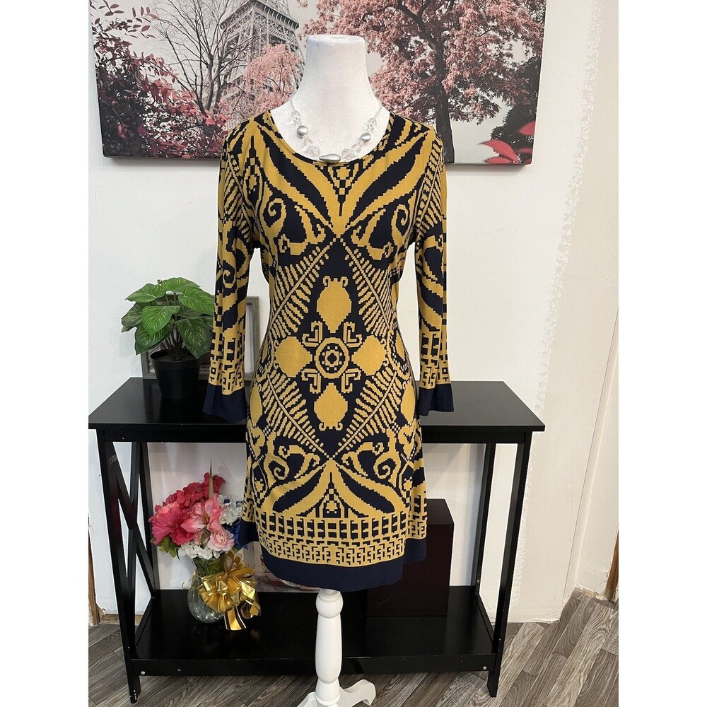 Shana K Shift Dress Size S Mustard Yellow Blue Baroque Geometric 3/4 Sleeve